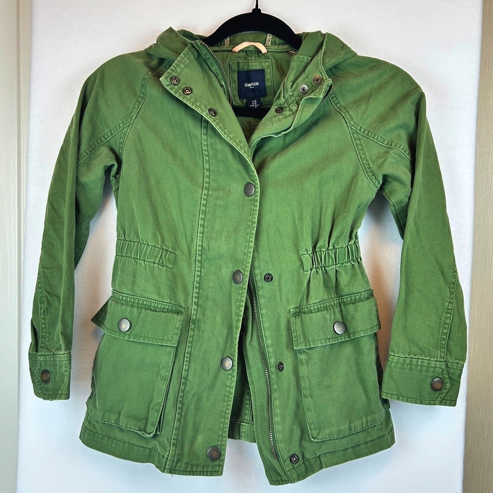 Gap Kids‎ Utility Field Jacket Olive Green Hooded Cotton Girls Size 8-9Y M
